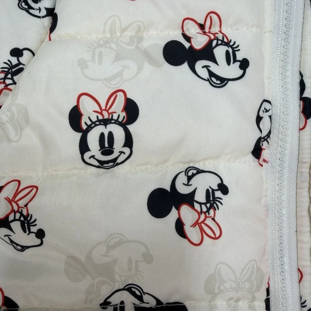 Disney Junior Minnie Mouse Hooded Puffer Jacket White Sherpa Sequin M Size 4T